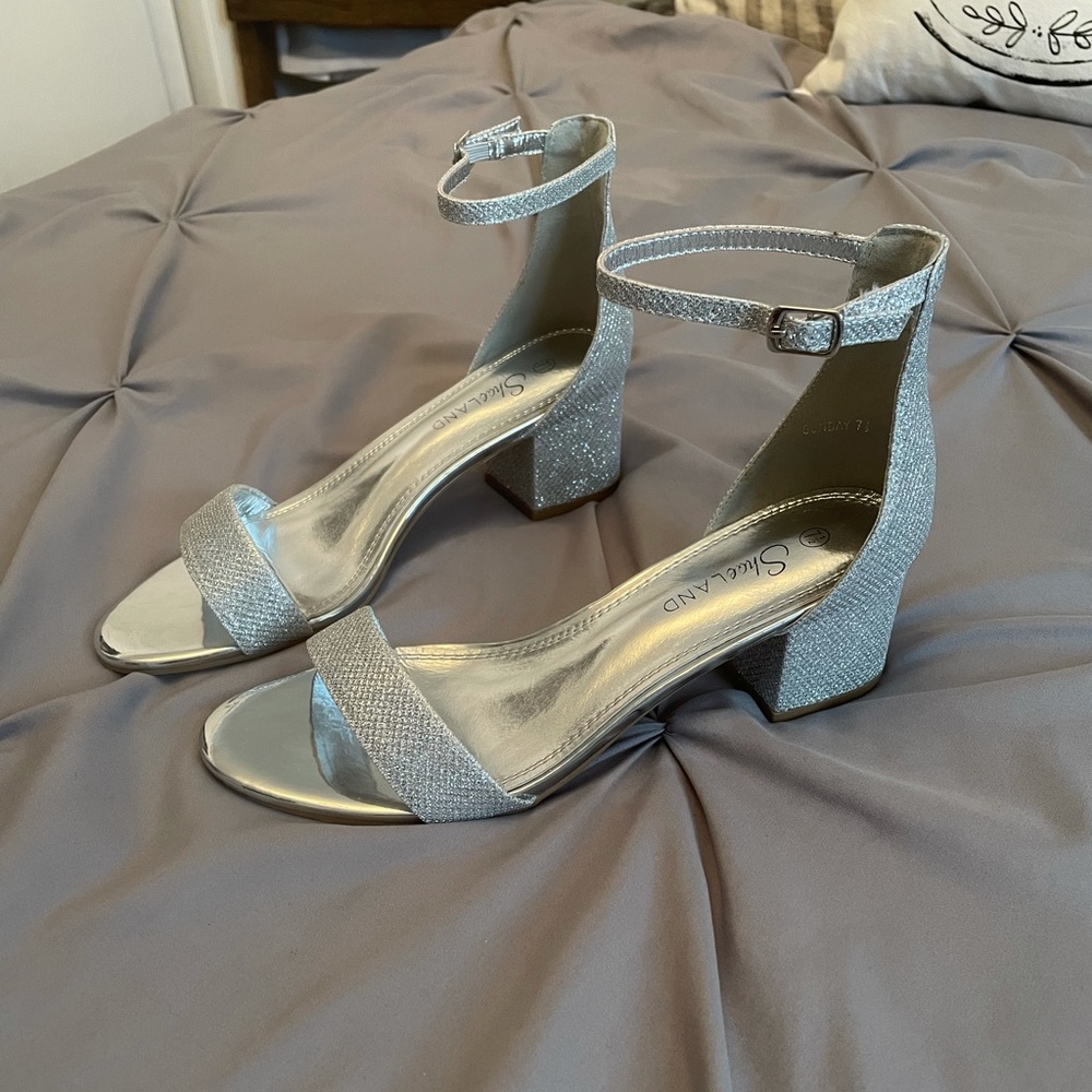 Herstyle Shoe land Silver sparkle shimmer short block ankle strap heels